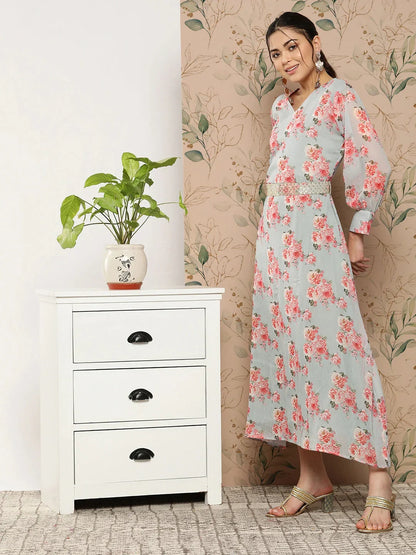 Yufta Floral Chiffon A-Line Midi Dress