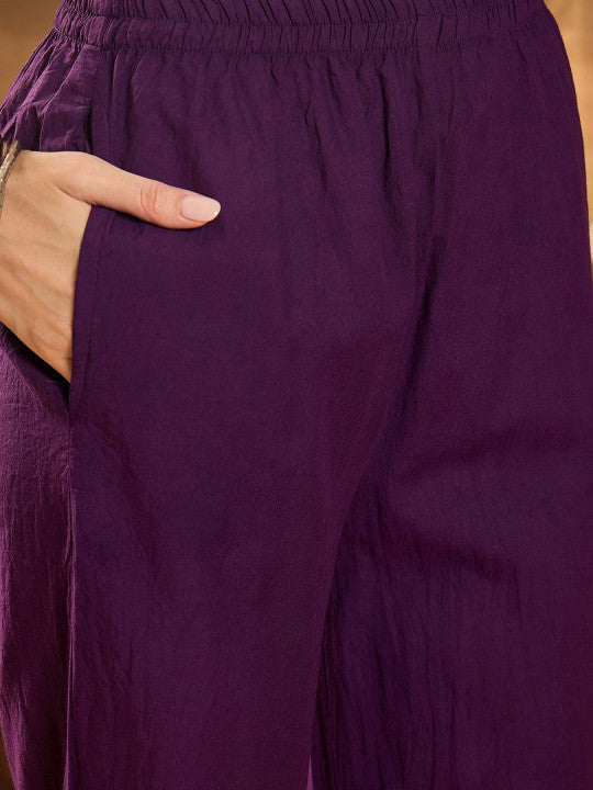 Sangria Geometric Printed V Neck Pure Cotton Straight Kurta With Trousers & Dupatta