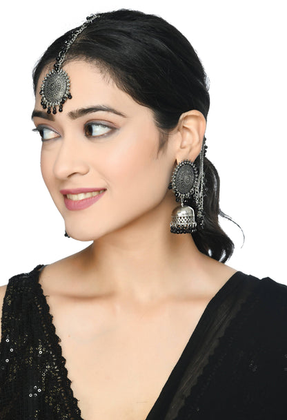 Mominos Fashion Johar Kamal Bahubali Black Beads Earrings With Tikka