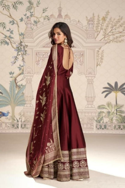 Anaita Maroon Vichitra Silk Anarkali Suit with Embroidery Sequins