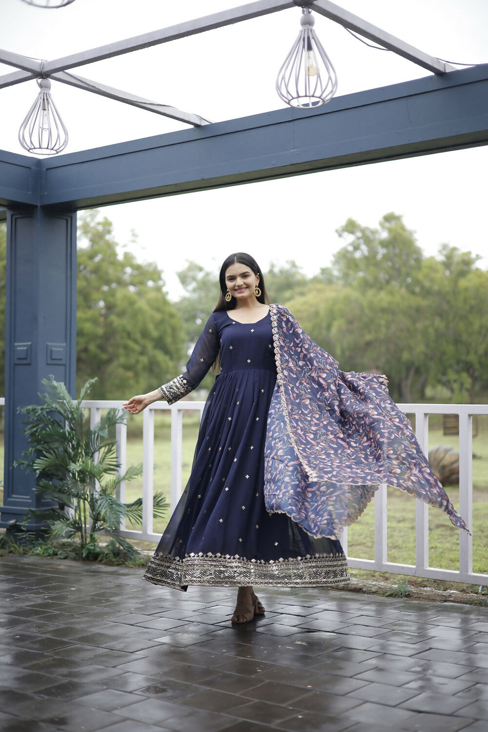 Aayaa Designer Embroidery Zari Sequins-Work Faux Blooming Georgette Suit - Navy Blue