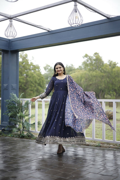 Aayaa Designer Embroidery Zari Sequins-Work Faux Blooming Georgette Suit - Navy Blue