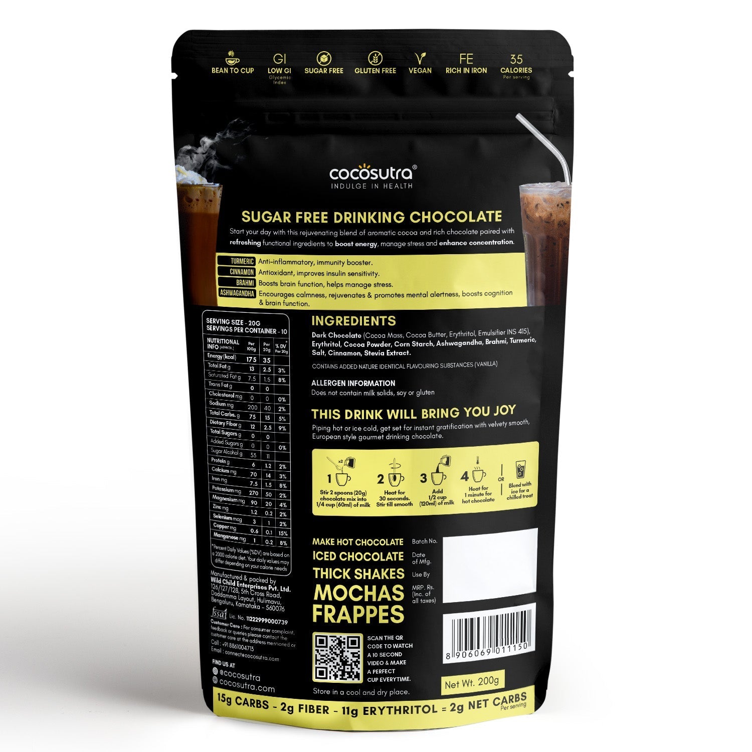 Cocosutra Focus Sugar Free Drinking Chocolate Mix - 200 gms