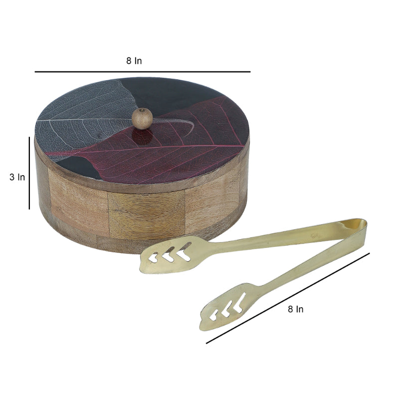 Leaves Printed Mango Wood & Steel Roti Box With Tong