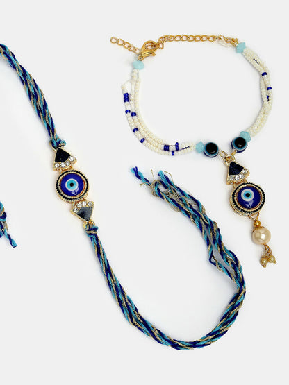 NVR Women & Men Set of 2 Blue Evil Eye Bhaiya Bhabhi Rakhi With Roli Chawal
