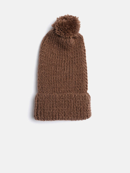 Chutput Kids Woollen Hand Knitted Pom Pom Detailed Cap - Brown