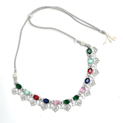 Mominos Fashion Johar Kamal Silver-Plated American Diamond Multi Colour Choker Set