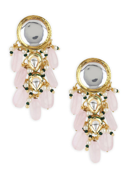 Gold-Toned White Kundan Contemporary Gold-Polished Drop Earrings - Ruby Raang