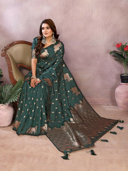 Anaita Dark Green Premium Banarasi Tissue Silk Saree With Gala Weaving Work