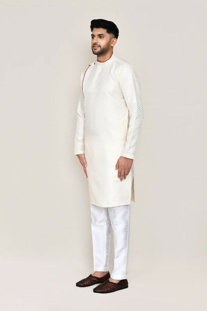 Joban Fashion Cream Colored Jacquard Fabric Kurta With Straight Fit Pant