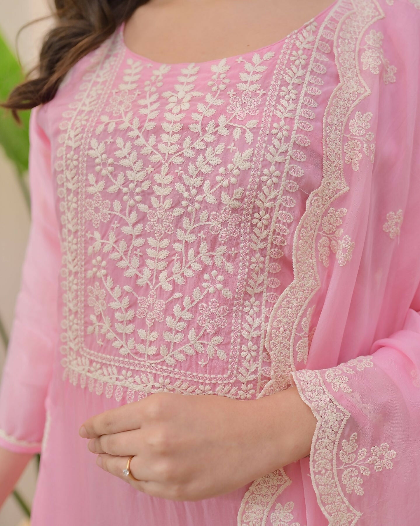 The52 Pink Women's Beautiful Chikankari Work Chanderi Fabric Straight Kurta Pant and Dupatta Set