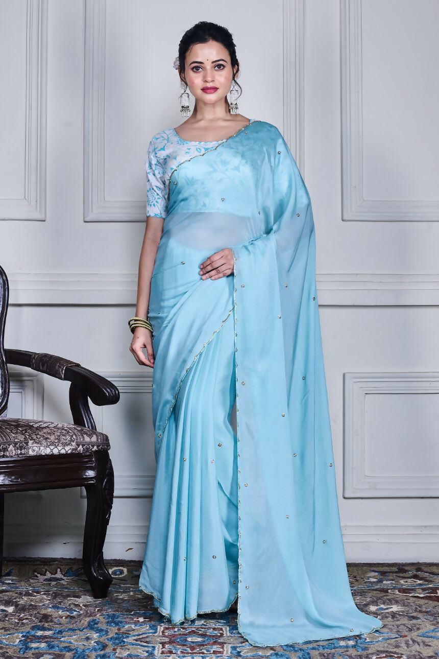 Morchari Blue Chiffon Hand Embroidery Saree And Stitched Blouse