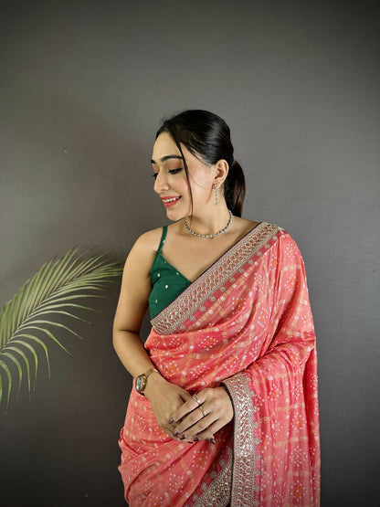 Joban Fashion Baby Pink Bandhej Bandhani Vichitra Silk Bandhani Prints Saree