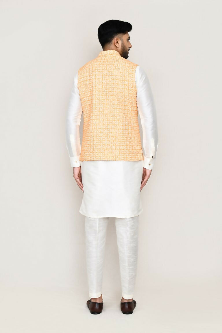 Joban Fashion White Colored Art Silk Fabric Kurta, Jacket With Straight Fit Pant