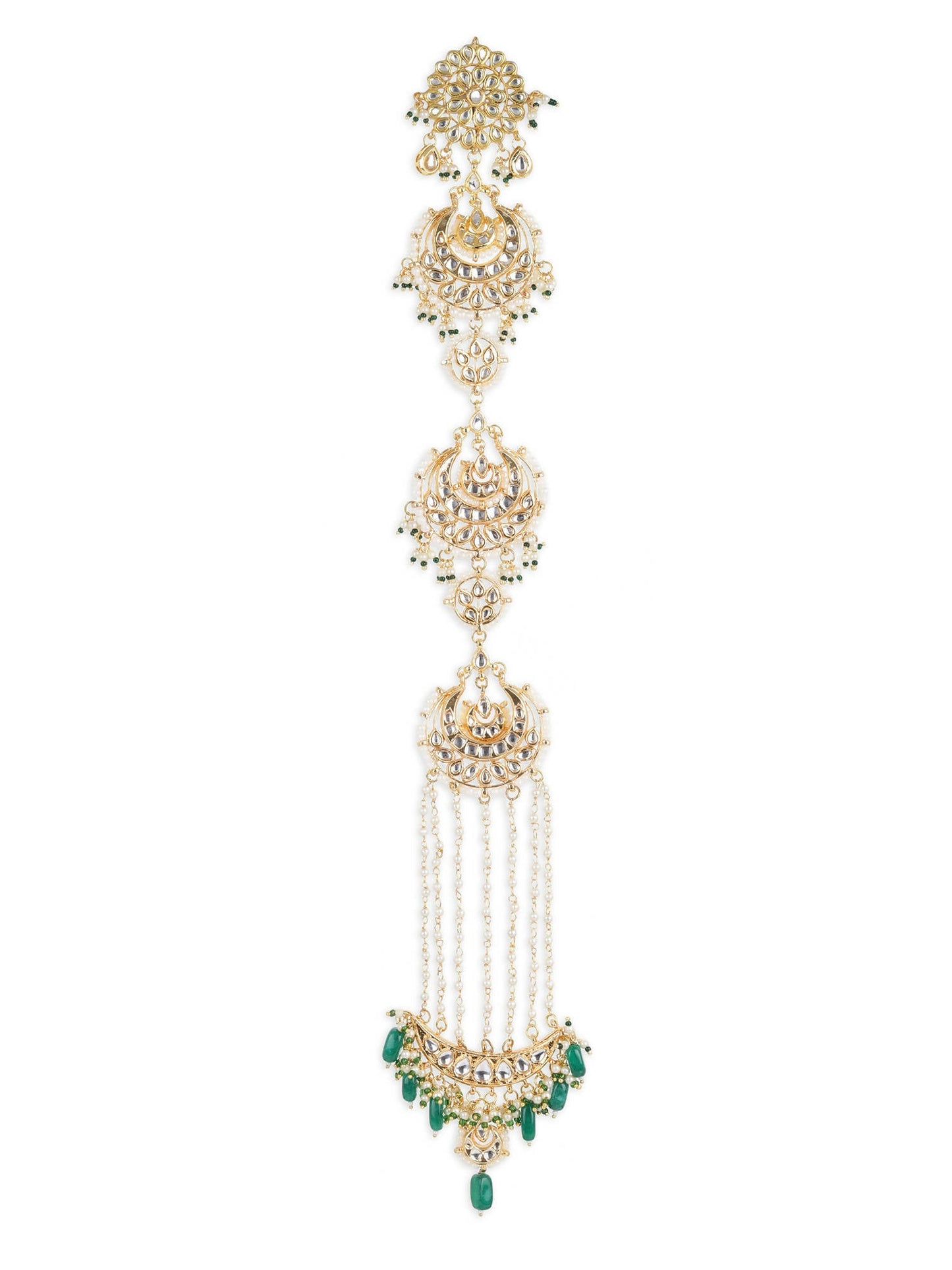 Gold-Polished Green Kundan Stone-Studded Head Chain - Ruby Raang
