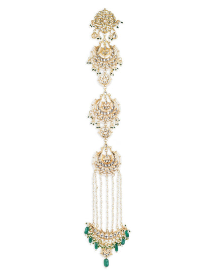 Gold-Polished Green Kundan Stone-Studded Head Chain - Ruby Raang