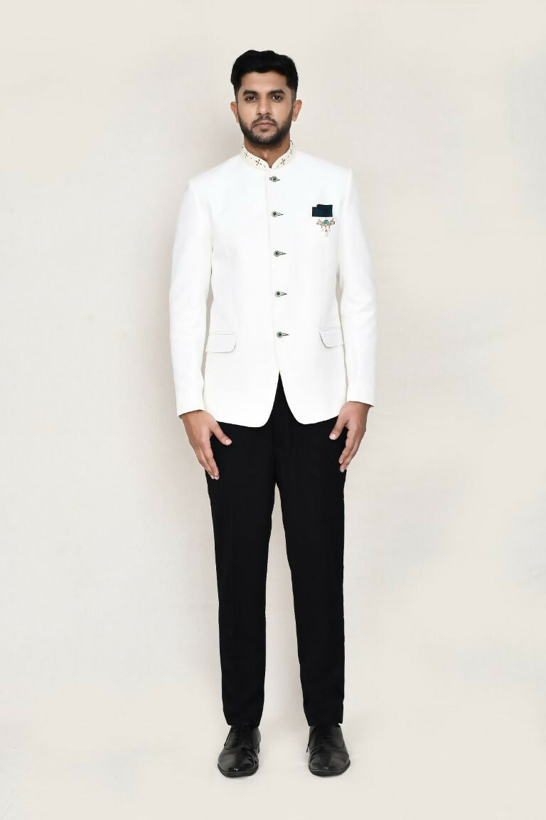 Joban Fashion White Colored Cotton Linen With Neck Embroidery Work Fabric Prince Coat, Pocket Square With Pant