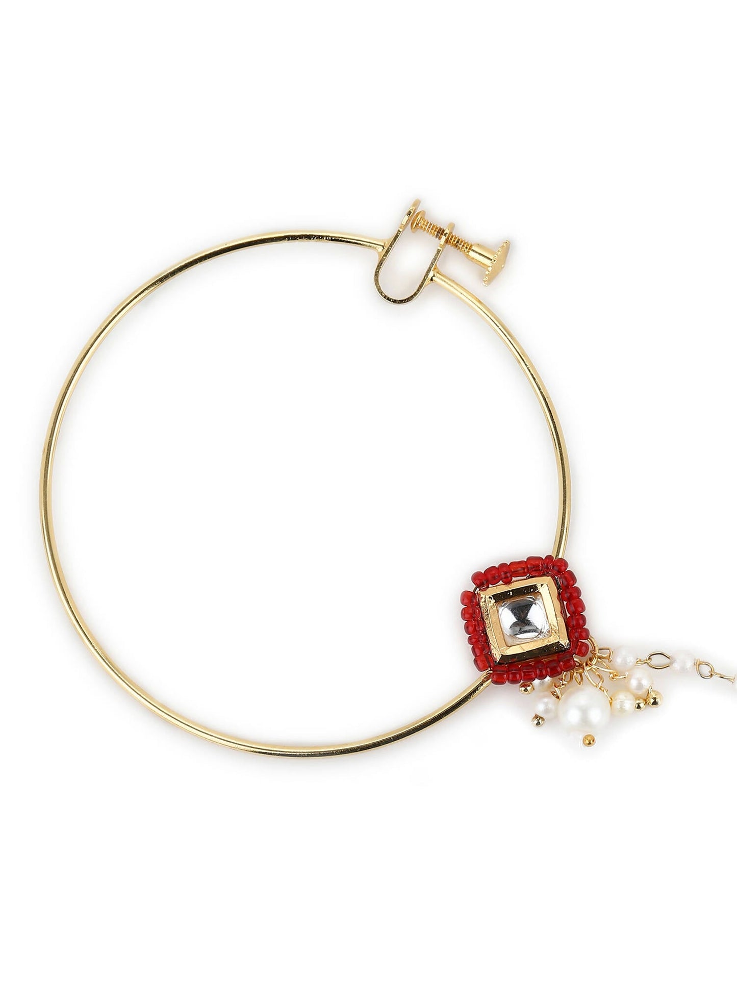 White Red Gold-Polished Kundan-Studded Beaded Nosepin - Ruby Raang