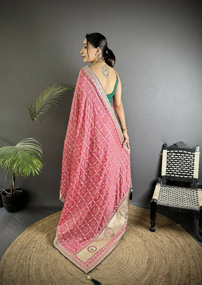 Joban Fashion Dusty Pink Bandhej Bandhani Vichitra Silk Bandhani Prints Saree