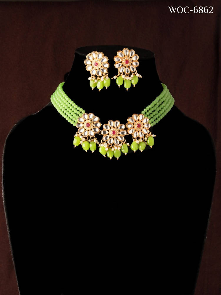 Mominos Fashion Johar Kamal Women's Pista Beads Pearls Gold-Polished Jewellery Set