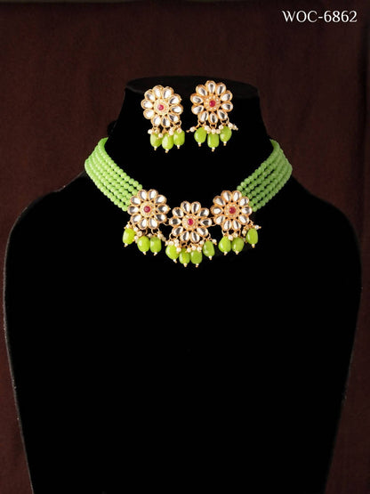 Mominos Fashion Johar Kamal Women's Pista Beads Pearls Gold-Polished Jewellery Set