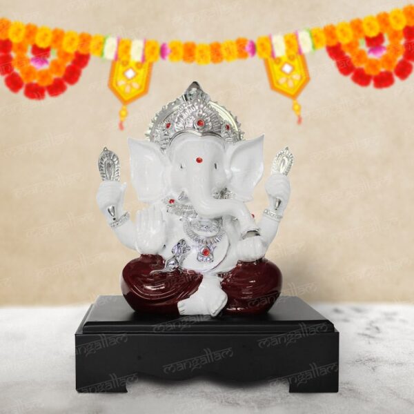Svastika White & Red Ganesha Idol with Wooden Base – 9.5 Inch