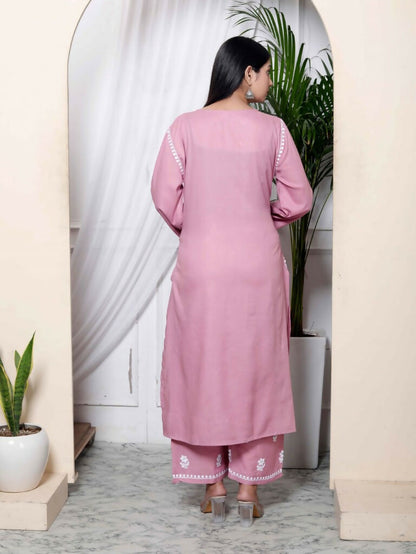 Miravan Women's Chikankari Embroidery Pink Straight Kurta & Palazzo Set