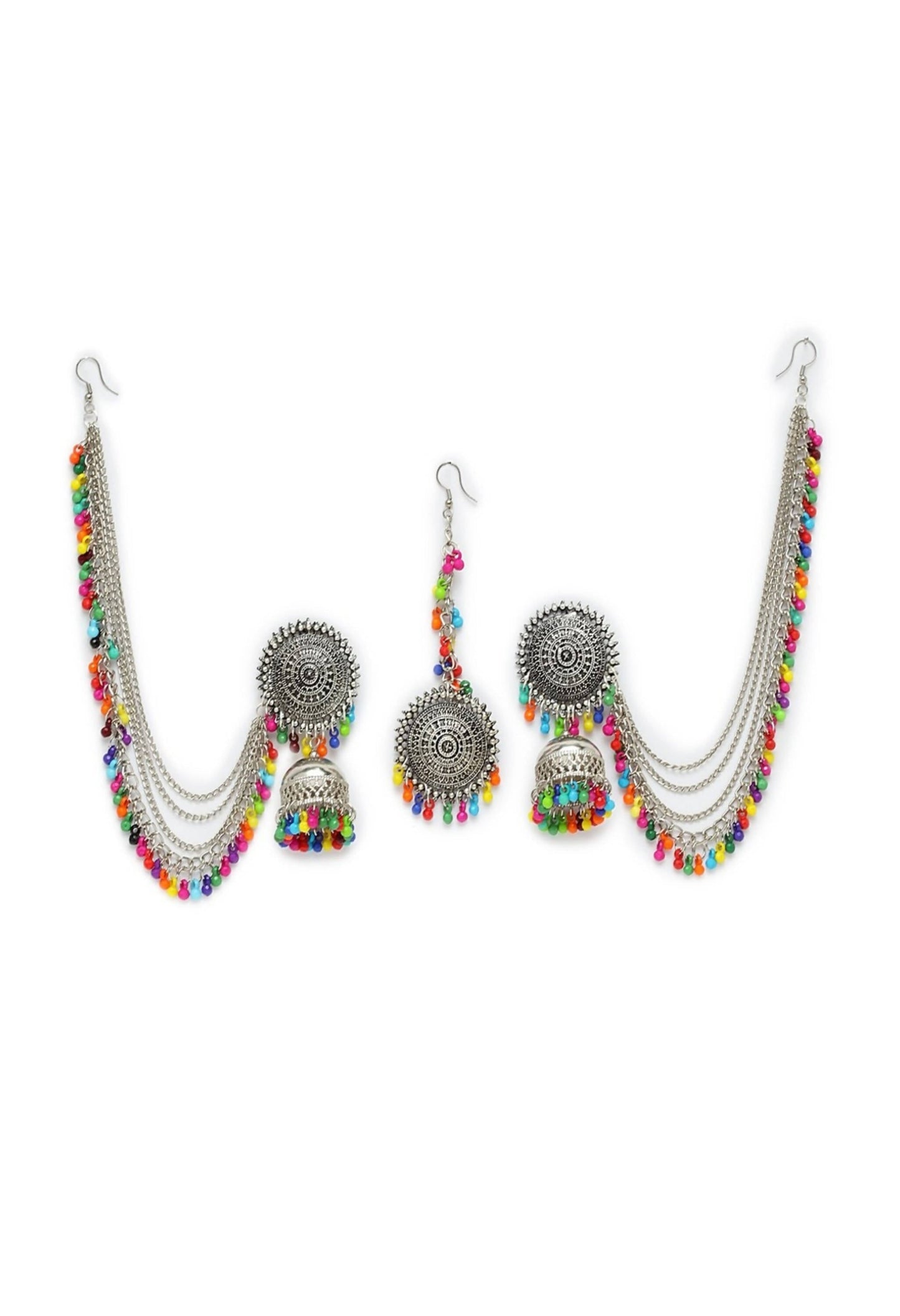 Mominos Fashion Johar Kamal Bahubali Multi Beads Earrings With Tikka