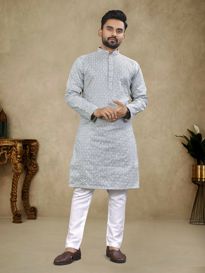 Anaita Grey Lucknowi Work Silk Straight Kurta
