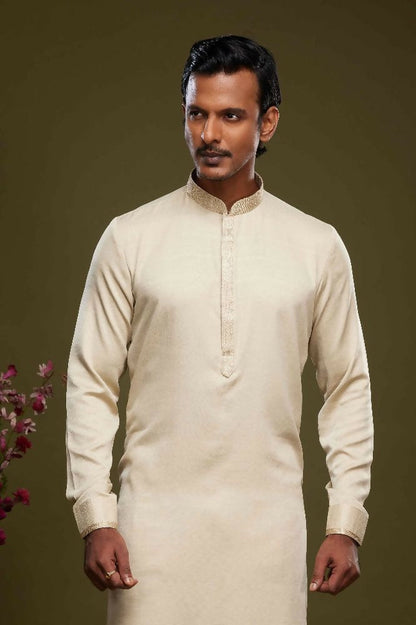 Raivat Ethnic Art Banarasi Silk Thread Work Kurta Pajama In Cream Beige Colour