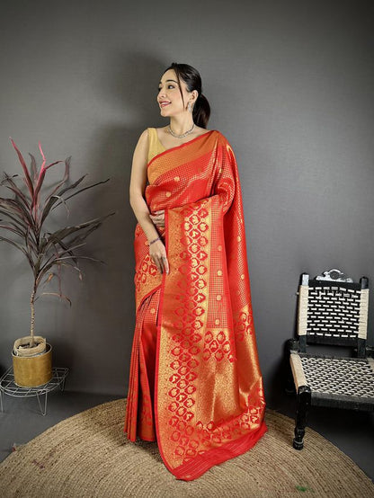 Elora Red Banarasi Soft Silk Checked Body With Floral Motifs South Pattu Saree