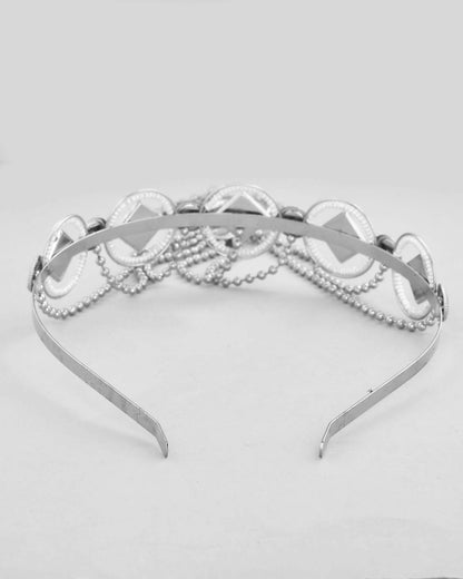 VOJ Silver Plated Peacock Printed Hairband With Mang Tikka