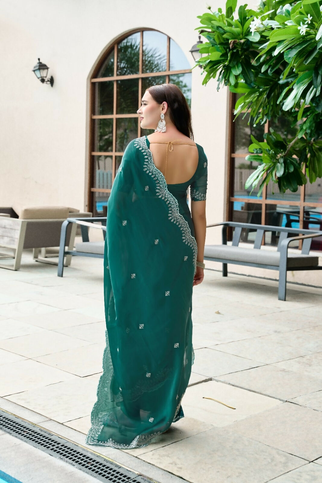 Vastranavya Rama Embroidery Work Shimmer Chiffon Saree with Unstitched Blouse