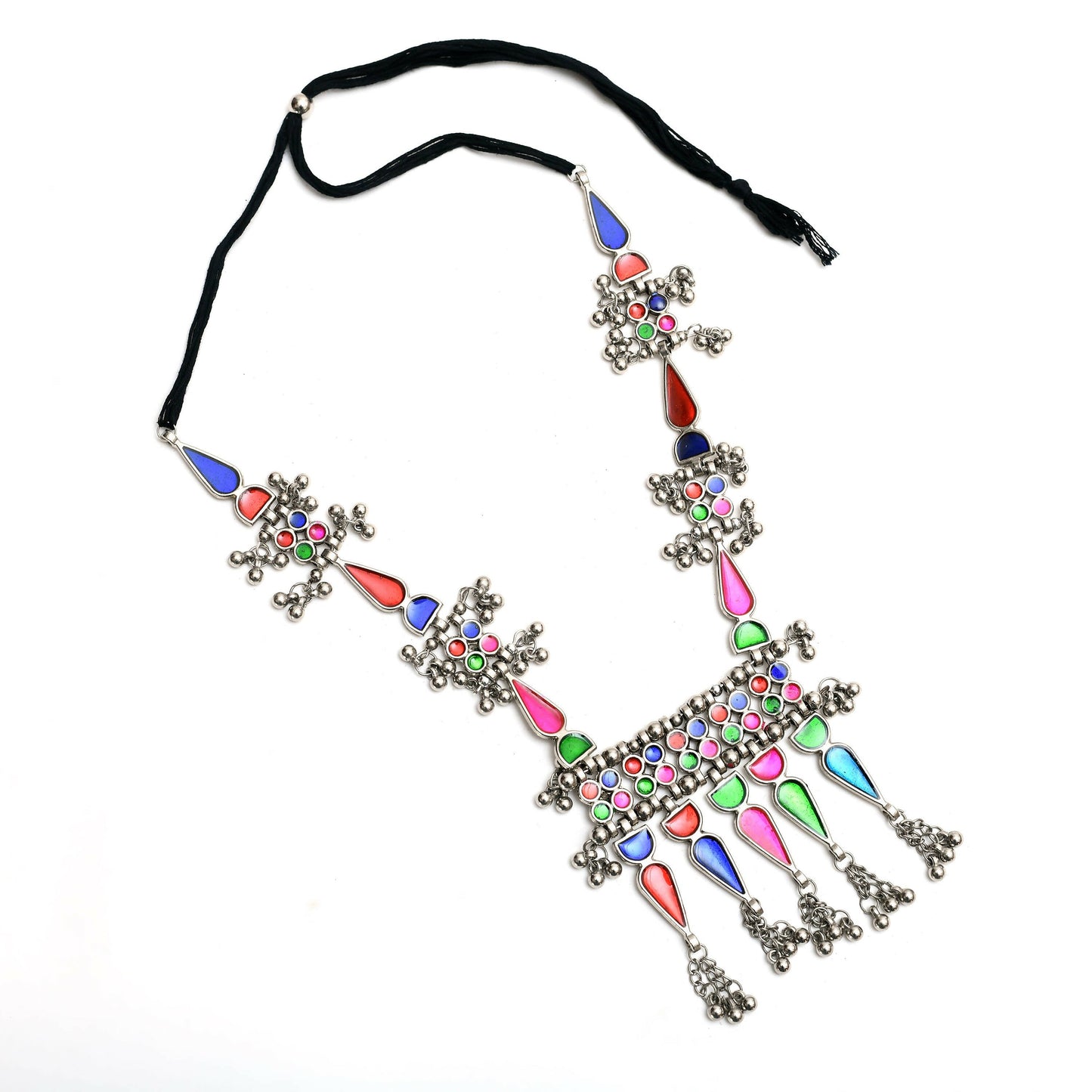 Mominos Fashion Johar Kamal Oxidised Silver-Plated Meenakari Multi Long Necklace Set For Women