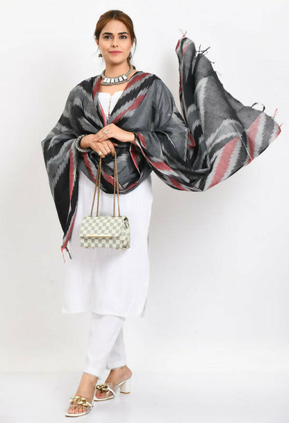 Mominos Fashion Moeza Women's Handloom Cotton Ikkat Maroon/Black Dupatta
