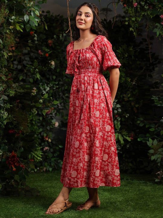 Anayna Floral Printed Cotton Tie-Ups Detail Maxi Ethnic Dress