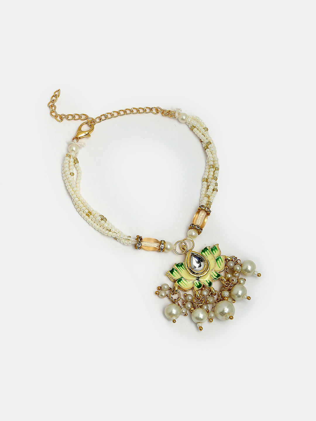 NVR Women & Men Set of 2 Green Lotus Shape Kundan-Studded & Beaded Handcrafted Wraparound Rakhi Set With Roli Chawal