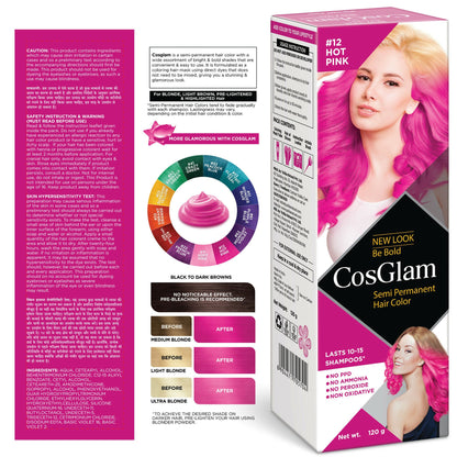 Cosglam Semi Permanent Hair Color for Women & Men (#12 Hot Pink)