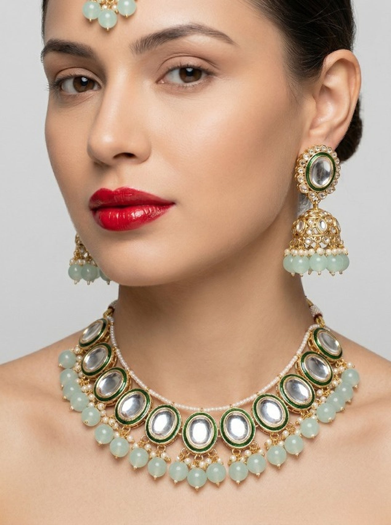 Jewel City Kundan and Mint Bead Traditional Necklace Set for Weddings | Gold-Plated Handcrafted Choker and Jhumka Earrings