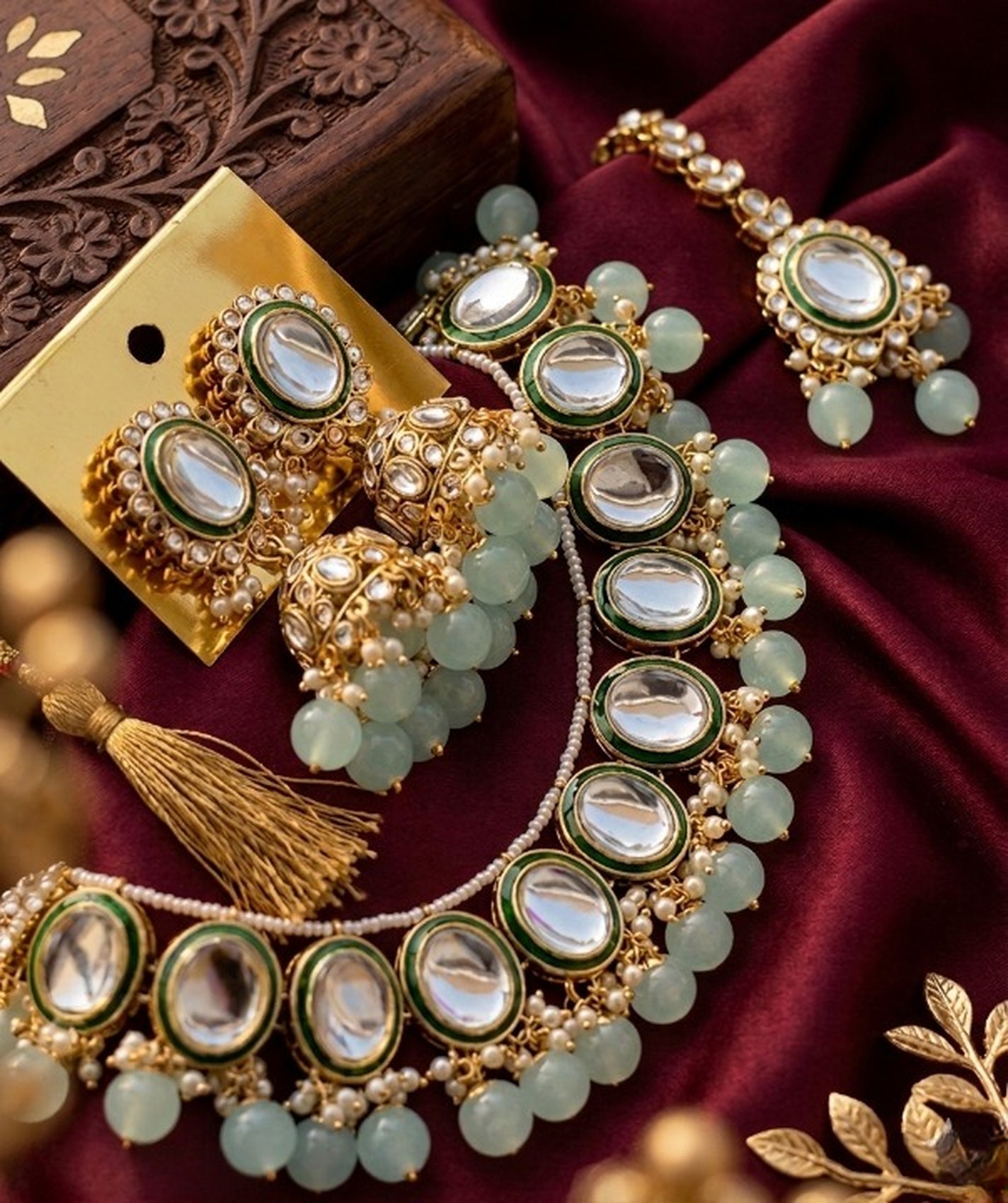 Jewel City Kundan and Mint Bead Traditional Necklace Set for Weddings | Gold-Plated Handcrafted Choker and Jhumka Earrings