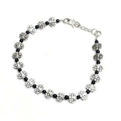 Mominos Fashion Kamal Johar Oxidised Silver Black Beads Anklets