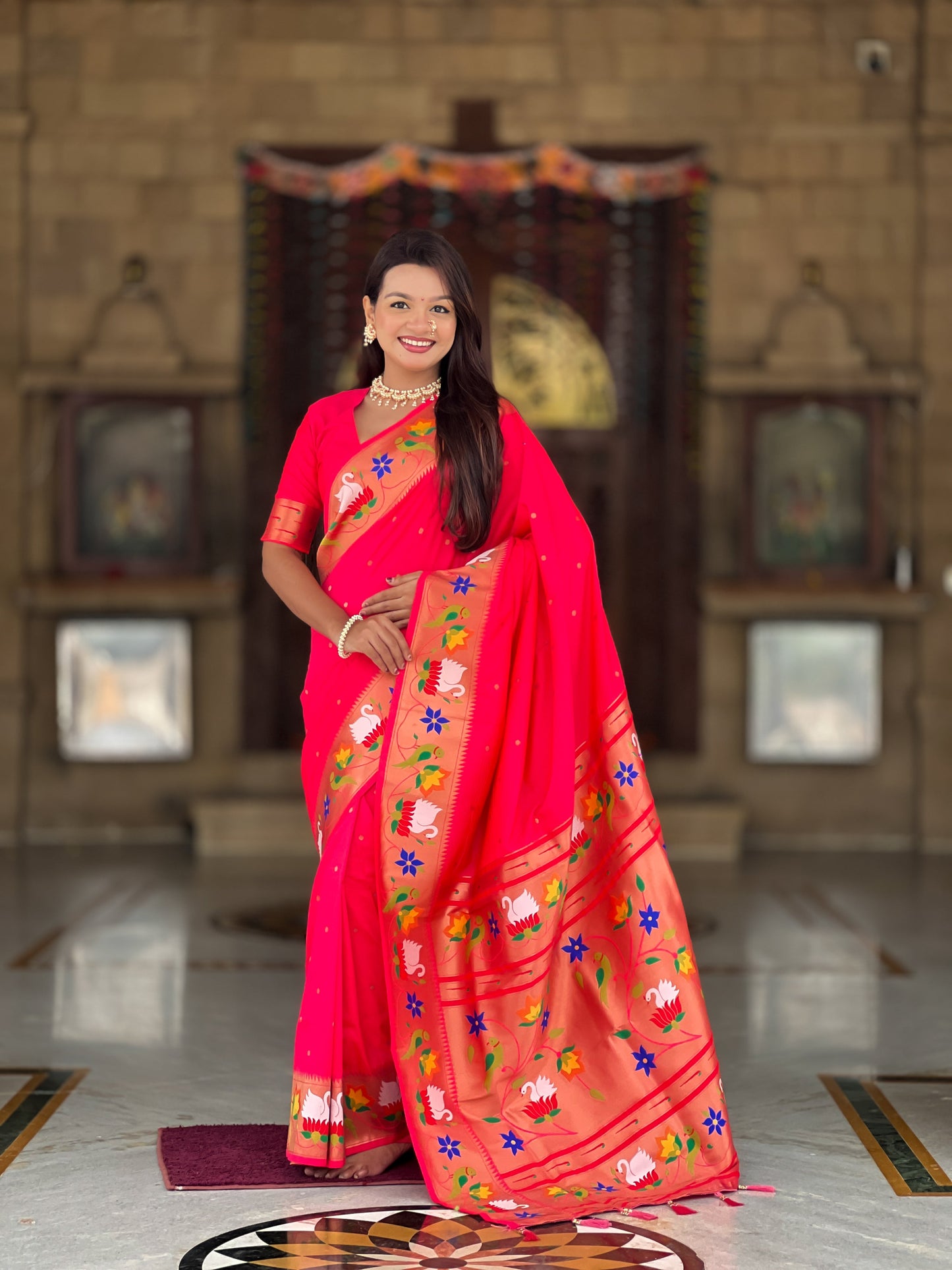 Mameraa Sarees Pink Faux Banarasi Silk Saree With Paithani Rich Weaved Pallu And Blouse-Pink