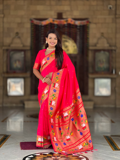 Mameraa Sarees Pink Faux Banarasi Silk Saree With Paithani Rich Weaved Pallu And Blouse-Pink