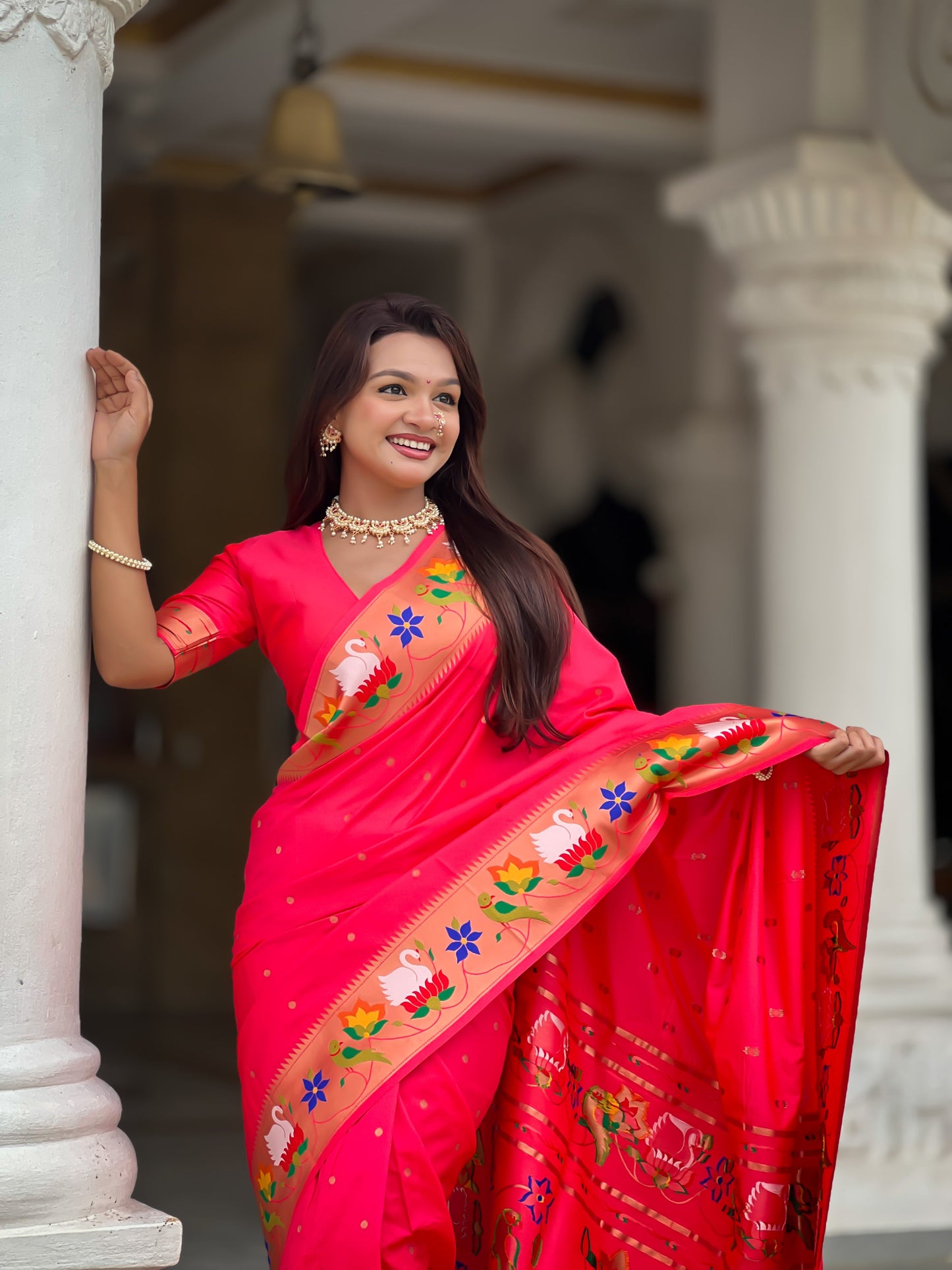 Mameraa Sarees Pink Faux Banarasi Silk Saree With Paithani Rich Weaved Pallu And Blouse-Pink