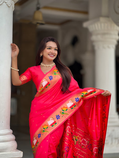 Mameraa Sarees Pink Faux Banarasi Silk Saree With Paithani Rich Weaved Pallu And Blouse-Pink
