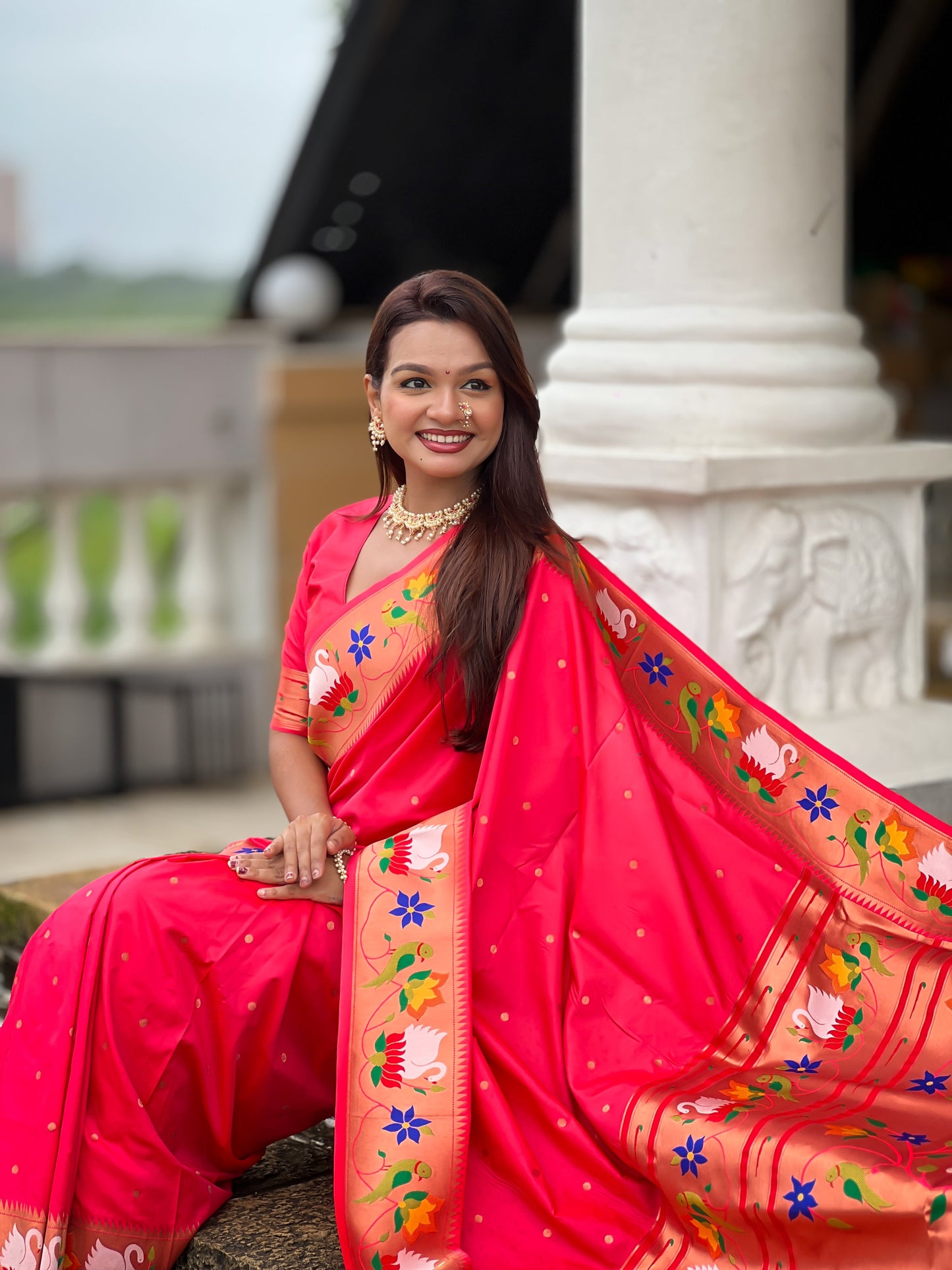 Mameraa Sarees Pink Faux Banarasi Silk Saree With Paithani Rich Weaved Pallu And Blouse-Pink
