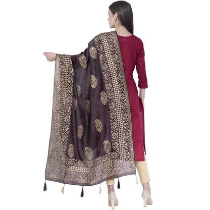 A R Silk Women's Gold Print Silk Black Dupattas and Chunnis