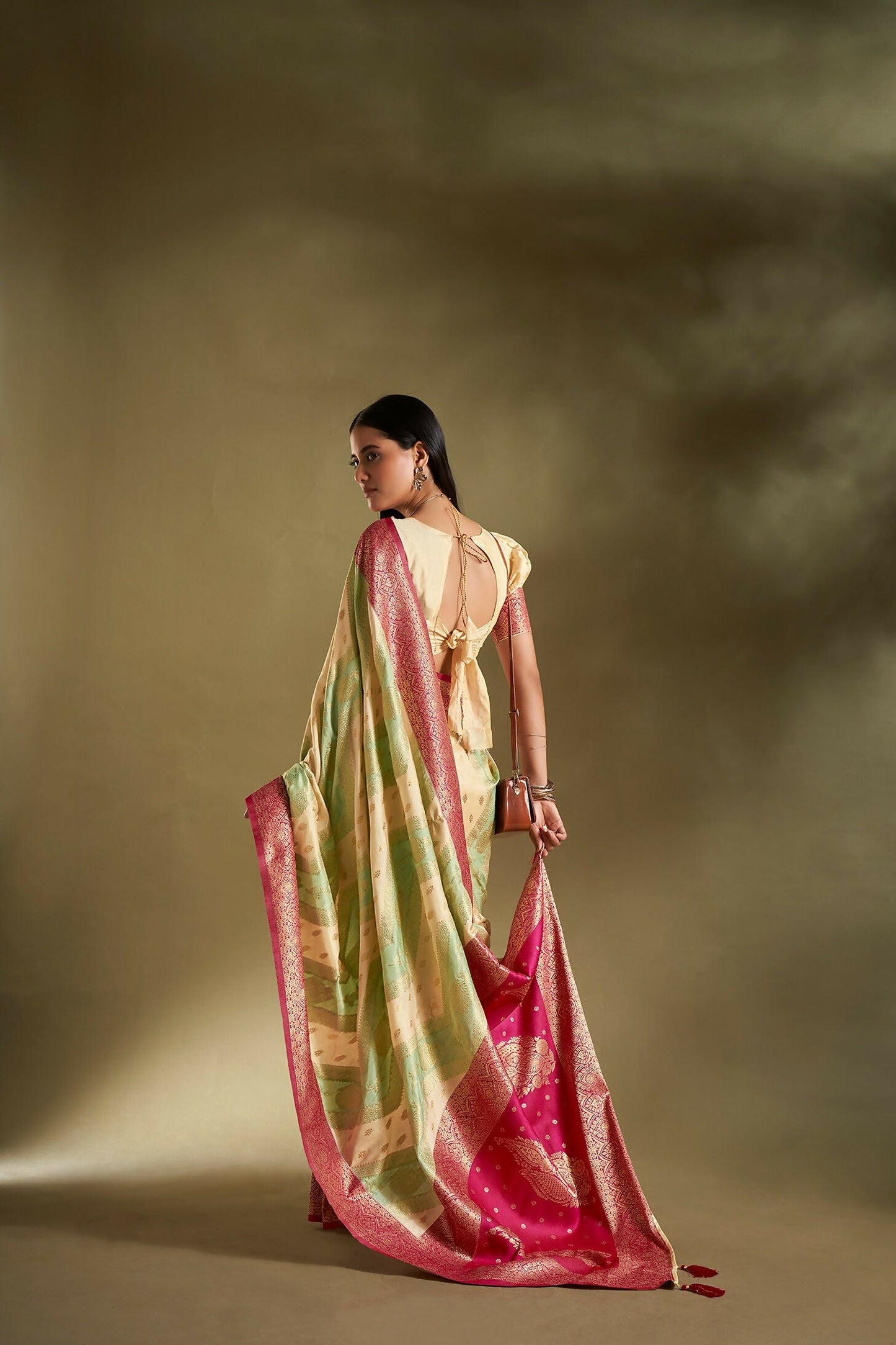 Joban Fashion Cream & Sea Green Plain With Weaving Border Banarasi Silk Sarees