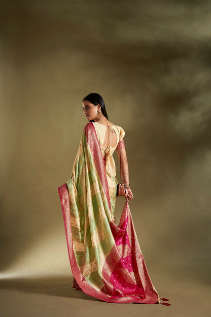 Joban Fashion Cream & Sea Green Plain With Weaving Border Banarasi Silk Sarees