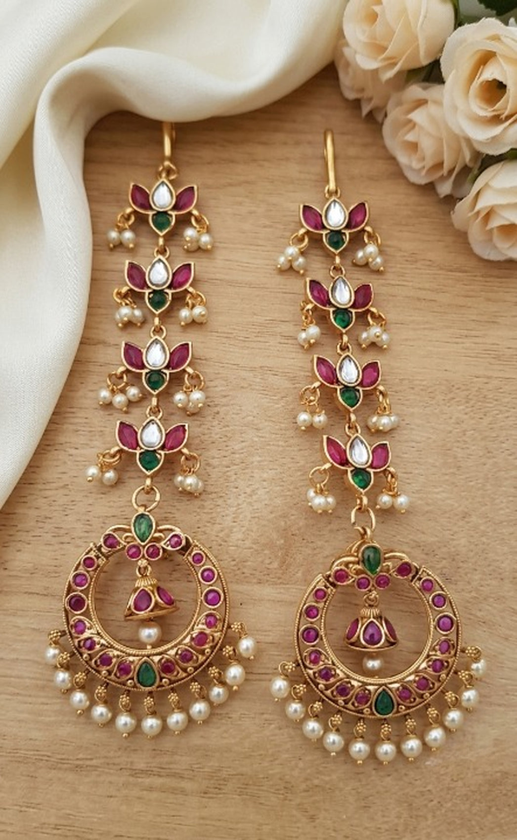 Jewel City Gold Kemp Earrings With Matal Chain For Temple & Bridal Wedding Earrings